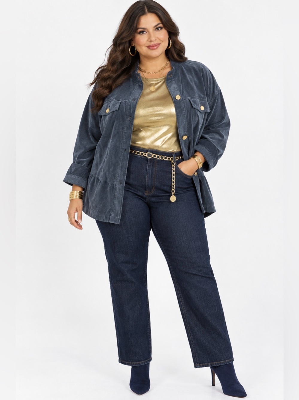 J. Jill Women Navy Corduroy Button Front Peplum Hem 2X Jacket